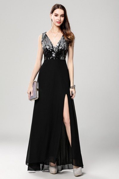 Black Sequin V-neck Long Chiffon Dress With Slit - $85 #CK645 - SheProm.com