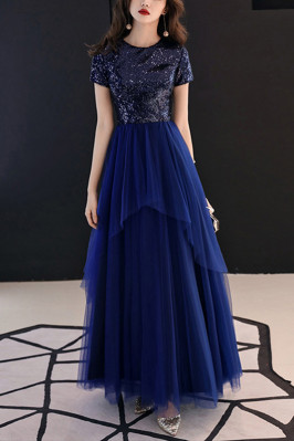 Long Tulle Blue Sequined...