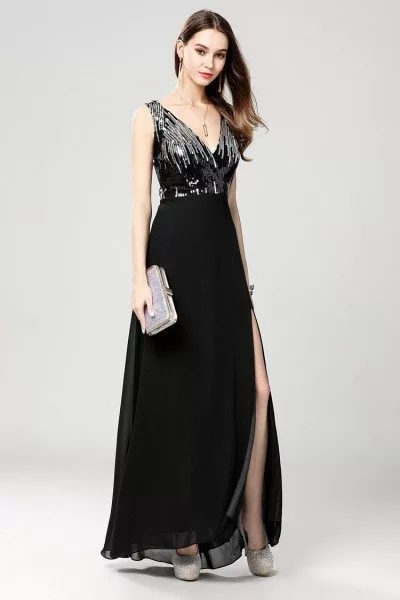 Black Sequin V-neck Long Chiffon Dress With Slit - $85 #CK645 - SheProm.com
