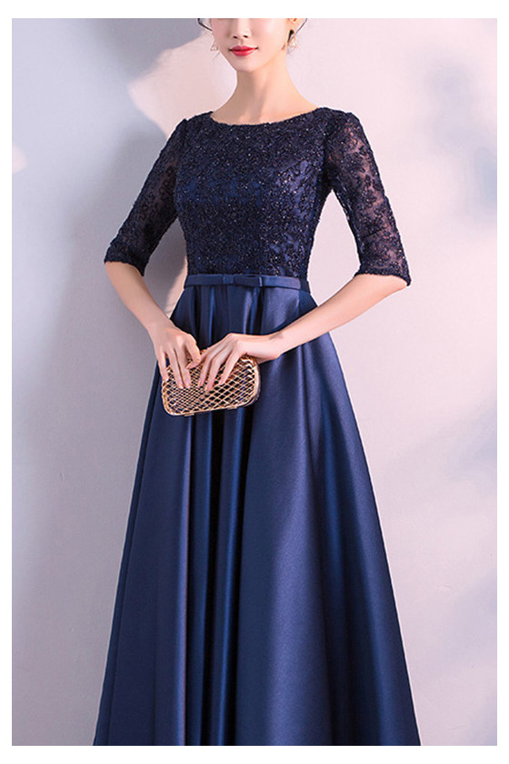 Slim Long Navy Blue Satin Formal Dress With Sleeves - $83.4768 #S1720 ...