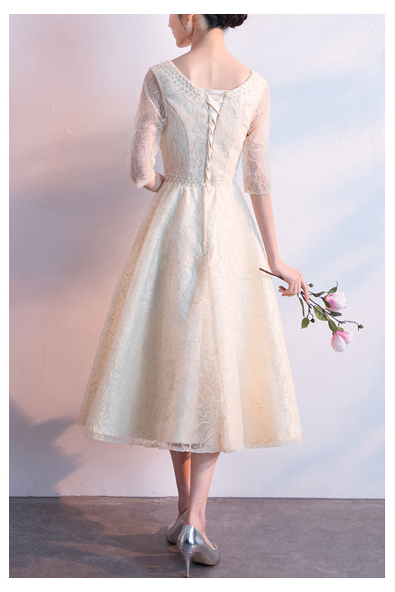 Modest Champagne Lace Tea Length Party Dress With Beaded Half Sleeves -  $81.4824 #S1721 - SheProm.com