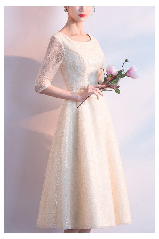 sachin and babi light blue dress Modest Champagne Lace Tea Length Party Dress With Beaded Half Sleeves -  $81.4824 #S1721