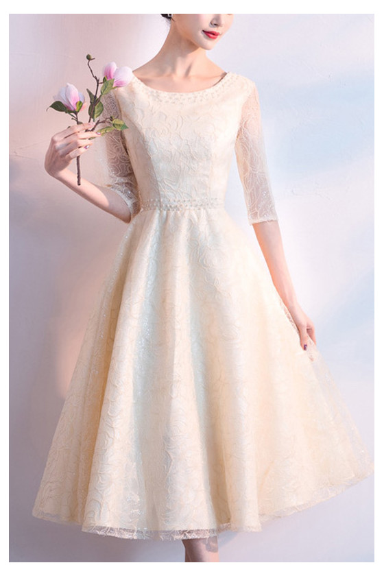 Modest Champagne Lace Tea Length Party Dress With Beaded Half Sleeves