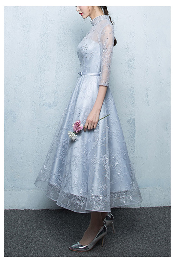 Gorgeous Tea Length Homecoming Dress Grey Lace With Sheer Sleeves - $77 ...