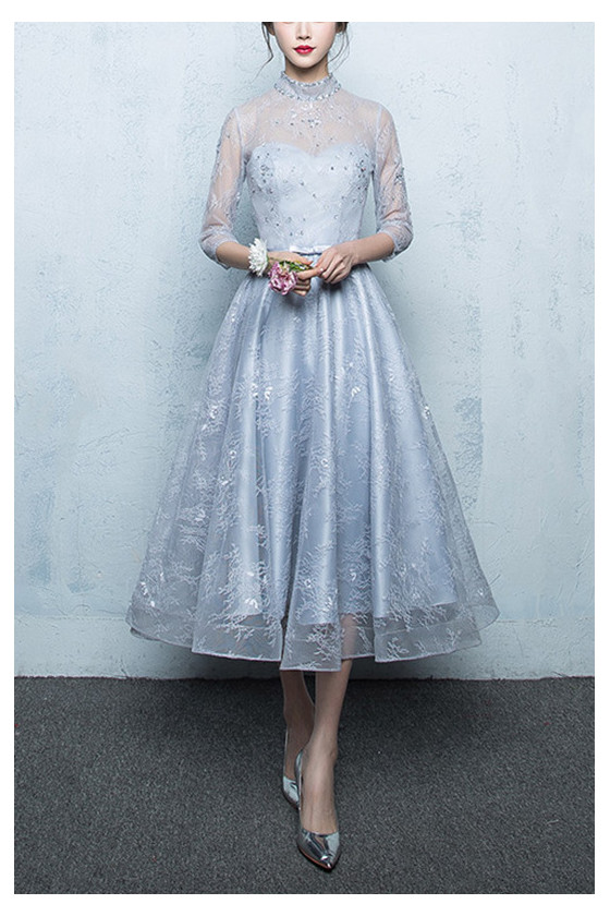 Gorgeous Tea Length Homecoming Dress Grey Lace With Sheer Sleeves