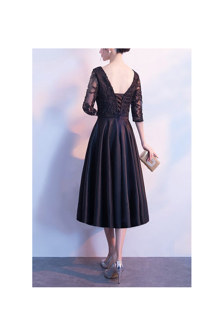 Elegant Black Tea Length Party Dress With Lace Sleeves - $62.4816 # ...