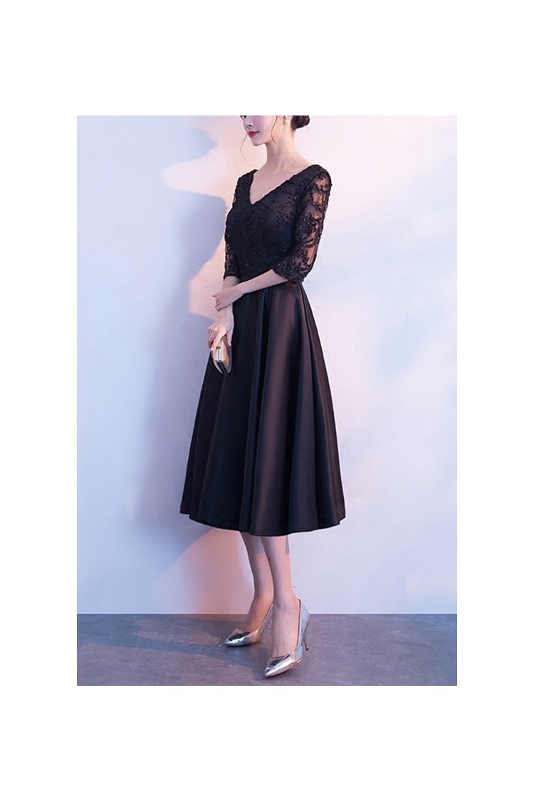 Elegant Black Tea Length Party Dress With Lace Sleeves - $62.4816 # ...