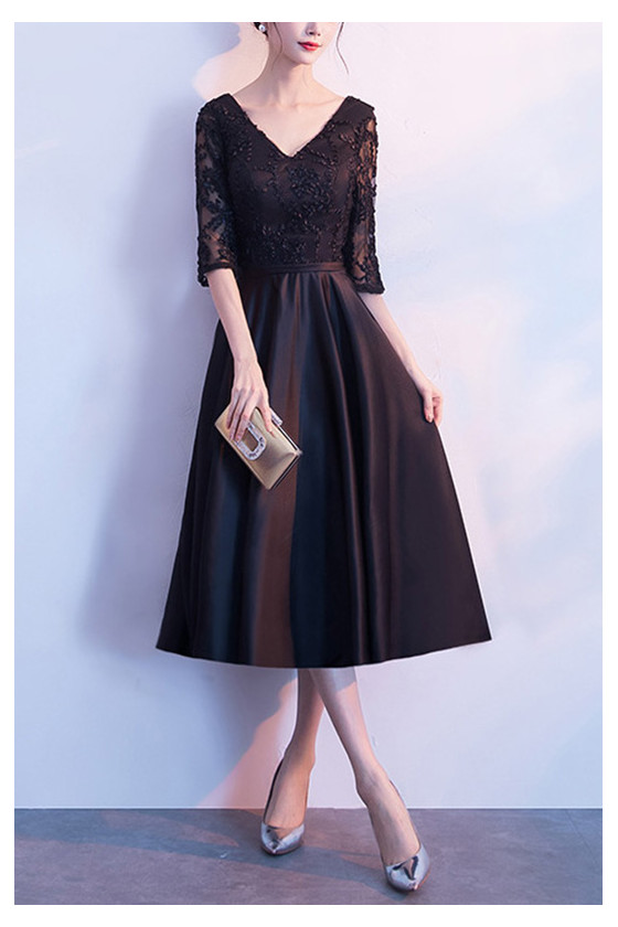 Elegant Black Tea Length Party Dress With Lace Sleeves