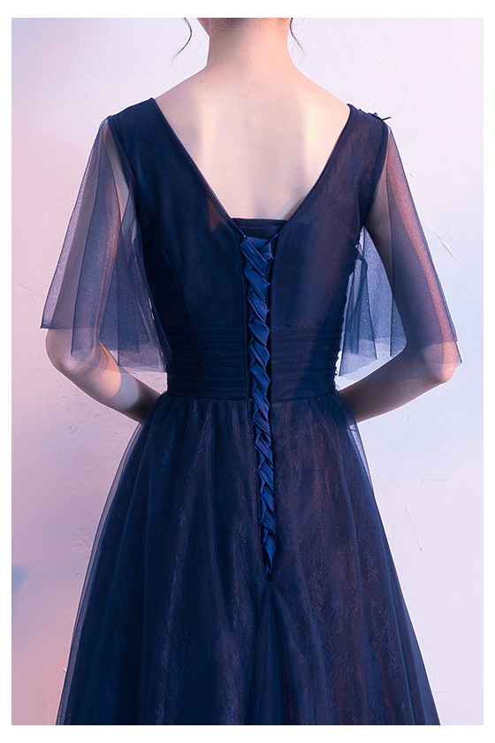 Navy Formal Long Prom Formal Dress Laceup With Tulle Sleeves - $100.4832 #S1726 - SheProm.com Navy Formal Long Prom Formal Dress Laceup With Tulle Sleeves - $100.4832 #S1726 - SheProm.com