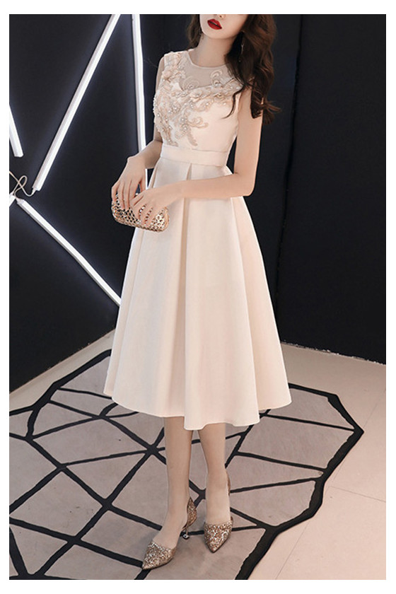 Champagne Satin Midi Pleated Homecoming Party Dress Sleeveless - $65. ...