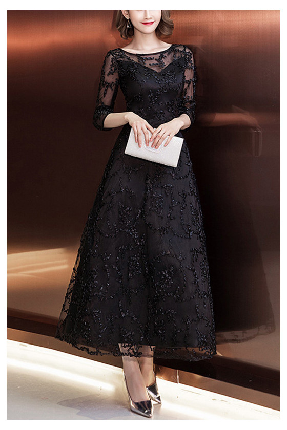 Black Lace Ankle Length Hoco Party Dress With 3/4 Sleeves