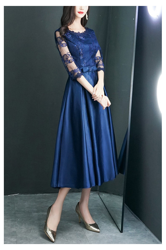 Elegant Navy Blue Satin Homecoming Dress With Lace 3/4 Sleeves - $60.48  #S1729 - SheProm.com