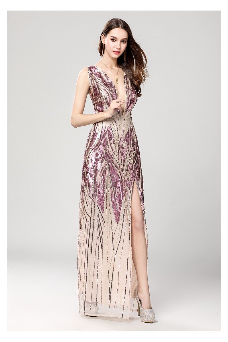 Sparkly Sequin Deep V-neck Long Formal Dress - $100.58 #CK646 - SheProm.com