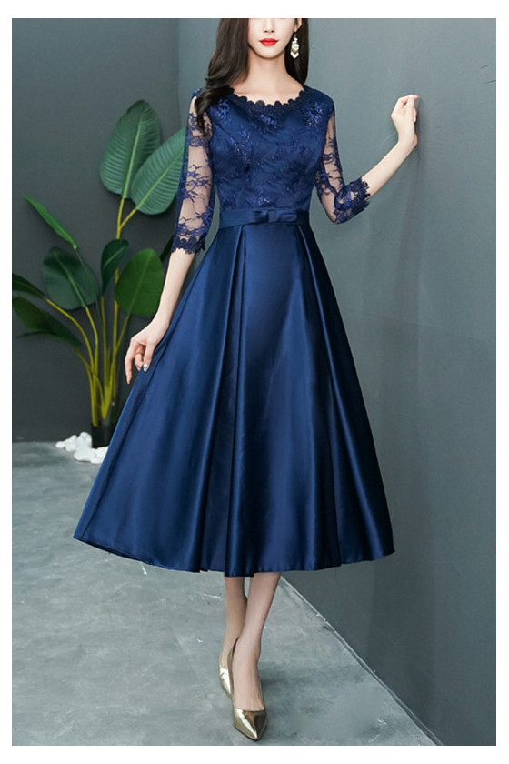 Elegant Navy Blue Satin Homecoming Dress With Lace 3/4 Sleeves