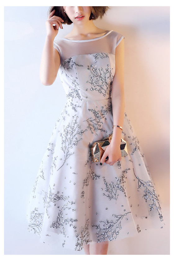 Grey Printed Knee Length Hoco Dress Illusion Neckline Open Back - $62.4816 #S1732 - SheProm.com Grey Printed Knee Length Hoco Dress Illusion Neckline Open Back - $62.4816 #S1732 - SheProm.com