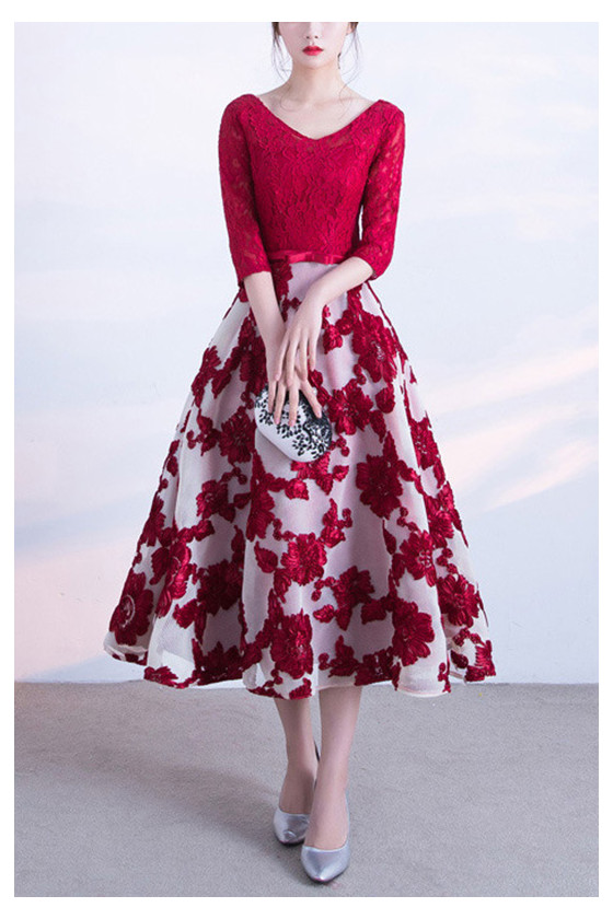 Burgundy Tea Length Floral Homecoming Dress Vneck With Lace Sleeves