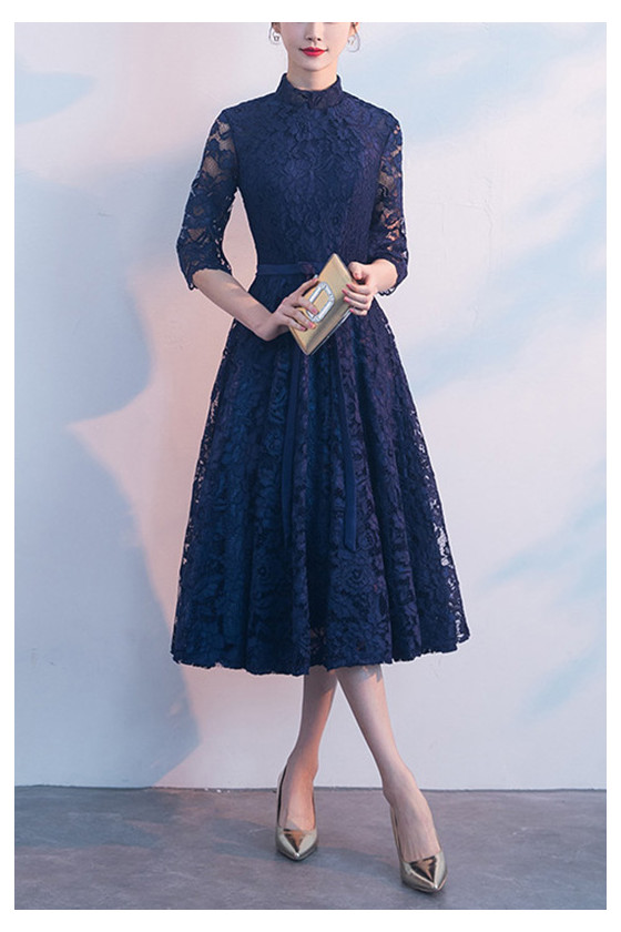 Elegant Navy Blue Lace Wedding Party Dress With Sleeves