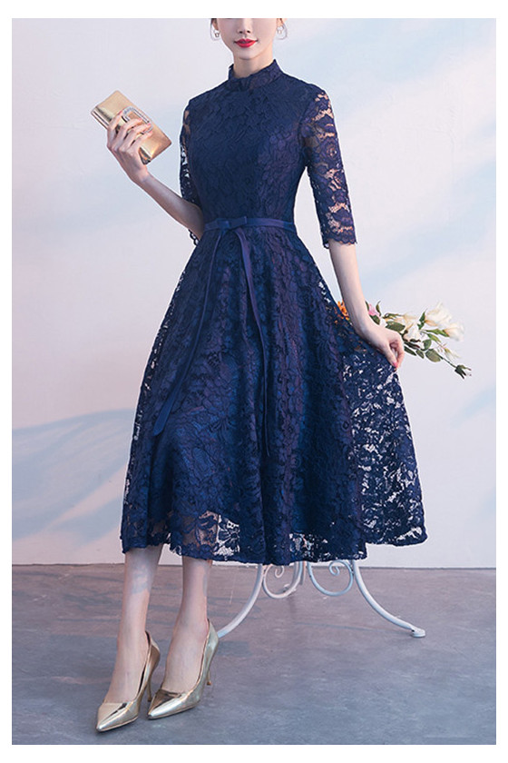 Elegant Navy Blue Lace Wedding Party Dress With Sleeves - $68.4792 # ...