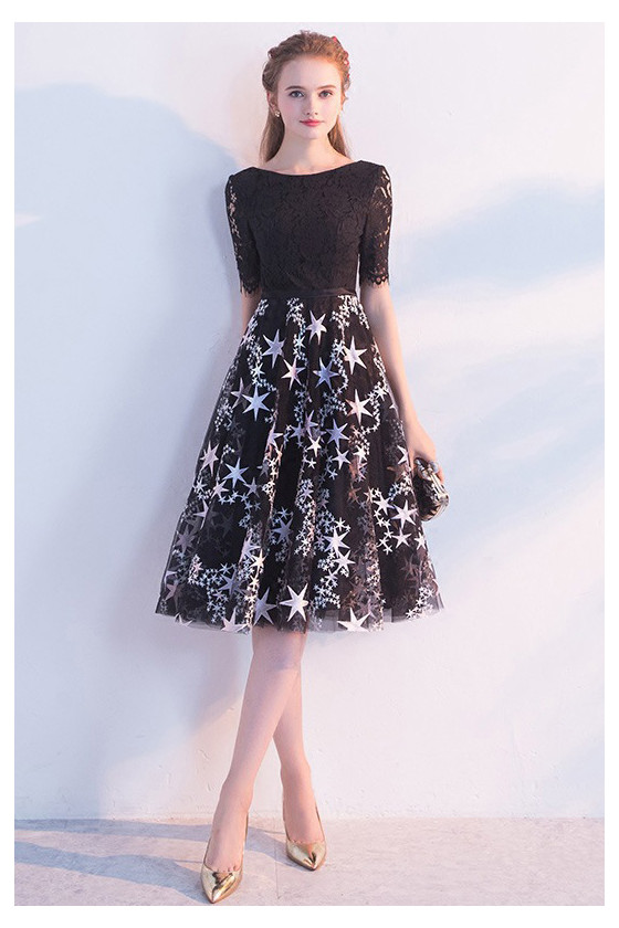 Stars Pattern Knee Length Tulle Homecoming Party Dress With Lace Sleeves