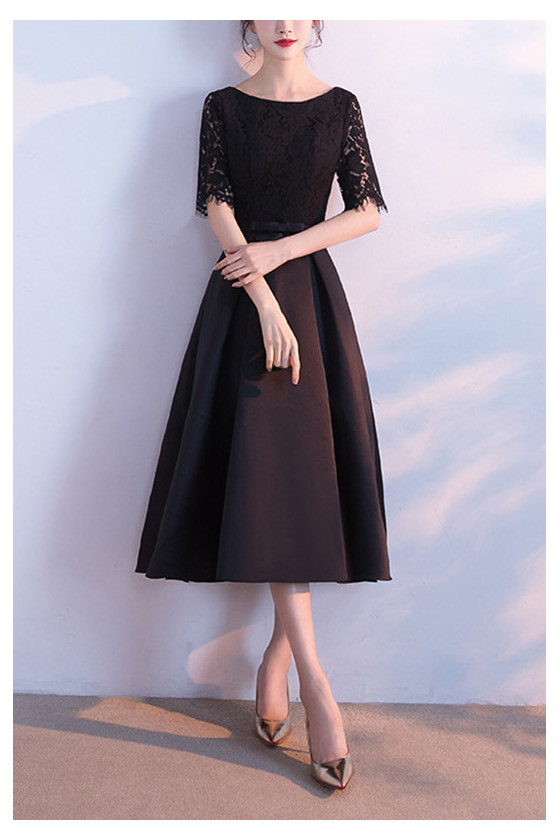 Black Lace Short Sleeved Modest Party Dress
