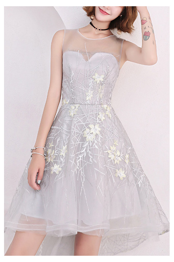 Cute Grey High Low Homecoming Party Dress With Sheer Neckline