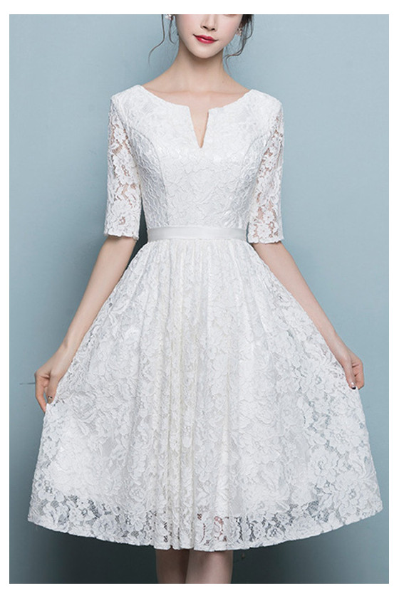 White Lace Knee Length Homecoming Party Dress With Lace Sleeves