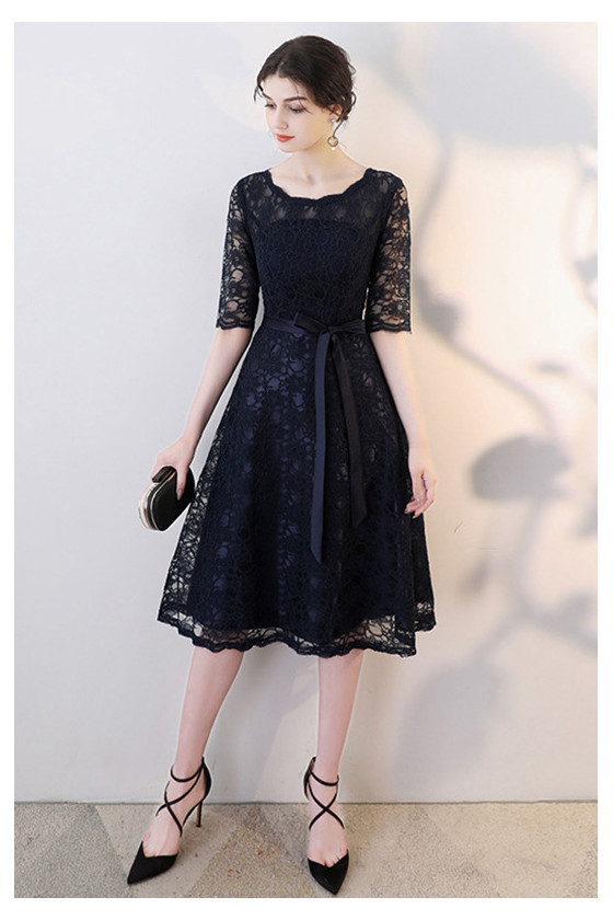 Half Sleeved Black Lace Homecoming Party Dress With Sash