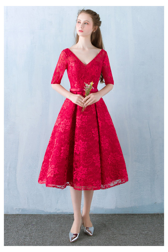 Retro Red Lace Tea Length Party Dress Vneck With Sleeves
