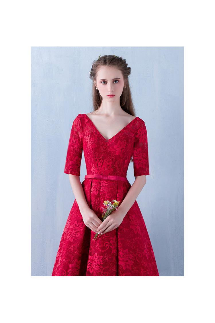 Retro Red Lace Tea Length Party Dress Vneck With Sleeves 684792 S1745 