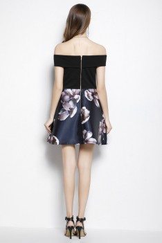Black Floral Print Off The Shoulder Short Dress - CK2053