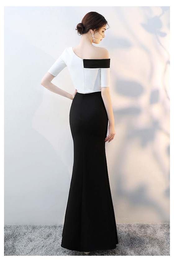 Elegant Black And White Long Mermaid Evening Dress With Split Front -  $87.48 #S1747 - SheProm.com