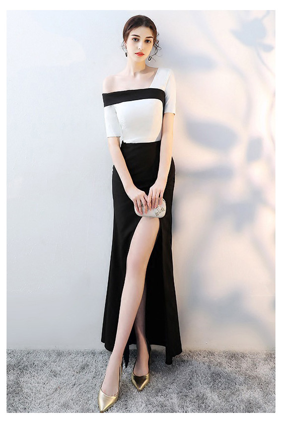 Elegant Black And White Long Mermaid Evening Dress With Split Front