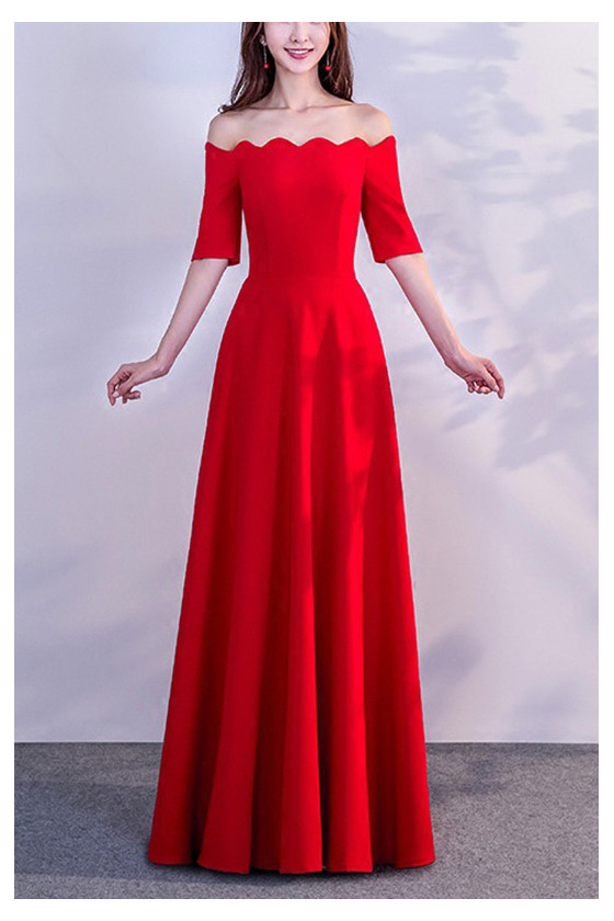 Long Red Simple Party Dress Elegant With Half Sleeves