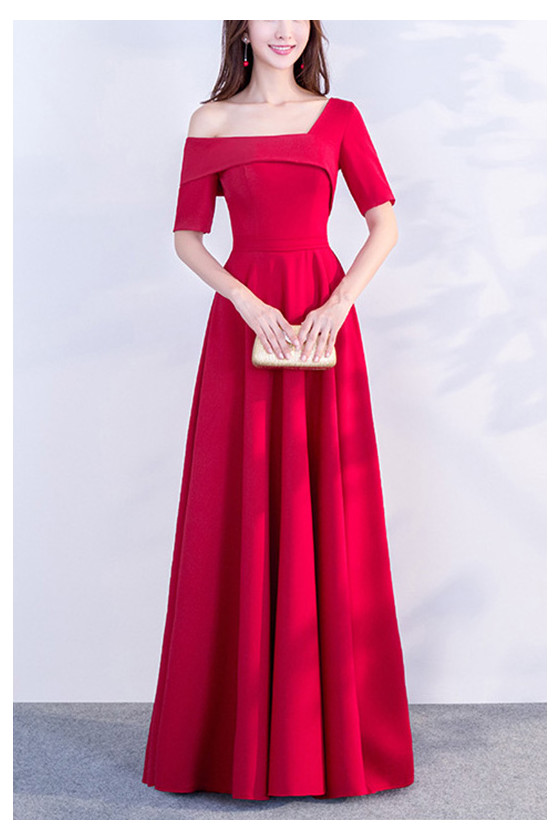 Asymmetrical Shoulder Burgundy Long Party Dress With Sleeves
