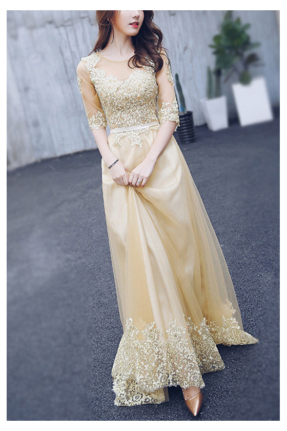 Gold Short Tulle Lace Homecoming Party Dress With Sleeves