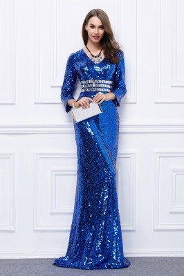 Blue Sequins Long Formal Evening Dress