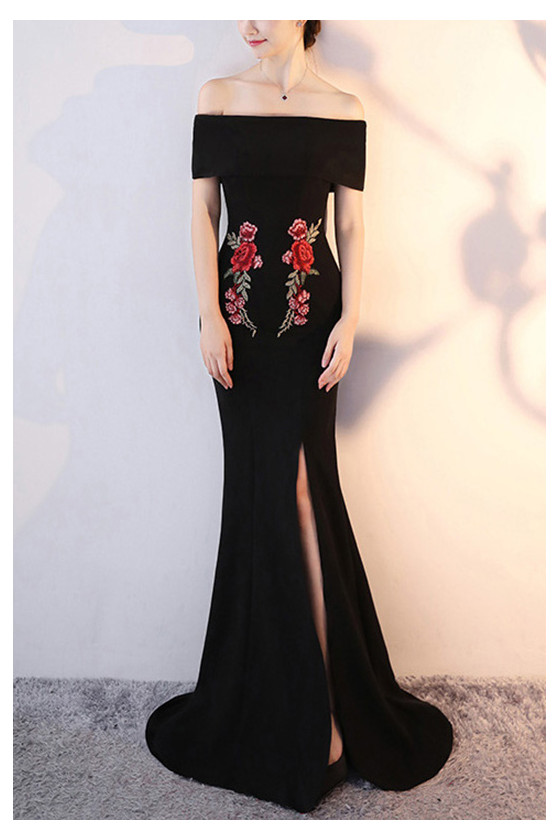 chinese dress ladies Long Black Mermaid Ruffles Evening Prom Dress with Split