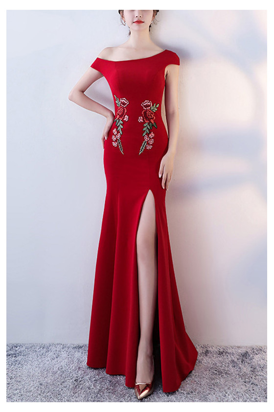 Sexy Split Front Long Red Evening Dress With Roses Pattern