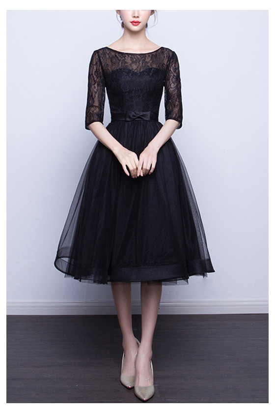 Black Tulle Knee Length Homecoming Dress With Lace Half Sleeves