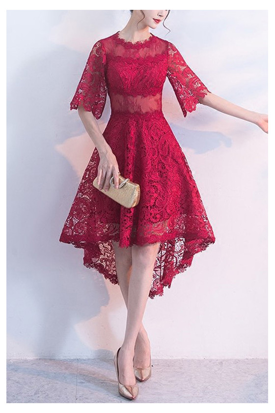 Burgundy Sheer Lace Homecoming Dress High Low With Sleeves