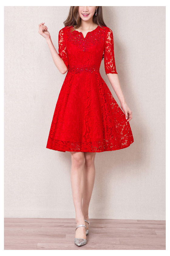 Sequined Red Lace Aline Homecoming Dress With Sleeves
