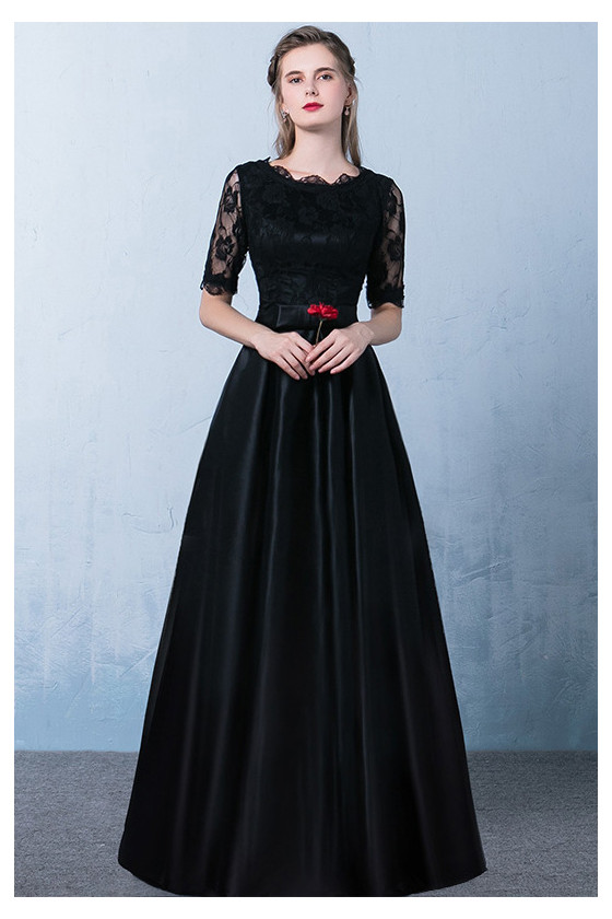 Modest Black Satin Aline Party Dress With Lace Sleeves - $73.4832 # ...