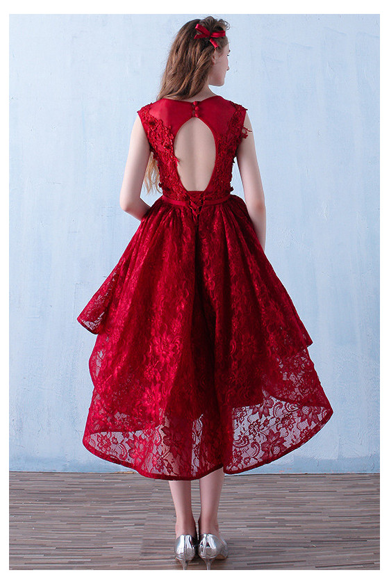 knee length dresses for ladies Gorgeous V Neck Open Back Red Lace Long Prom Dress, Red Lace Formal Ev –  formalgowns main image 1
