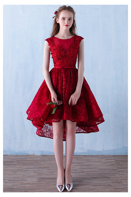 Burgundy Red Lace High Low Cute Homecoming Prom Dress With Keyhole Back