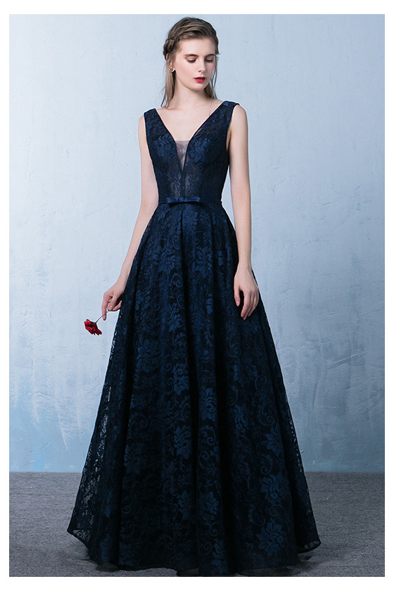 Vneck Navy Blue Long Lace Prom Dress Sleeveless