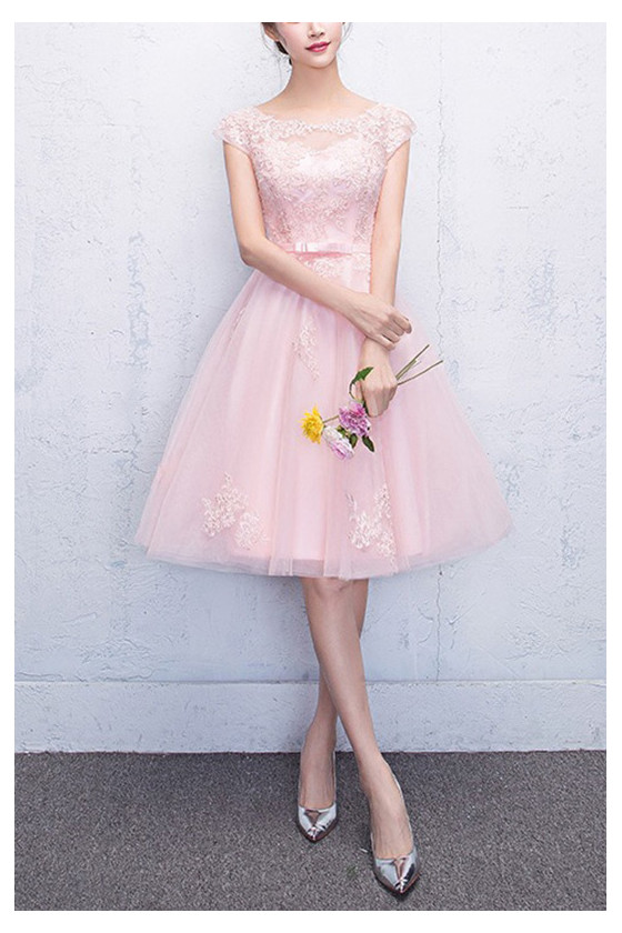 Pretty Pink Tulle Homecoming Graduation Dress With Appliques Cap Sleeves