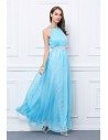 Blue Beaded Chiffon Long Halter Formal Dress