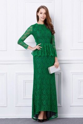 Chic Green Long Lace Sleeve Open Back Evening Dress