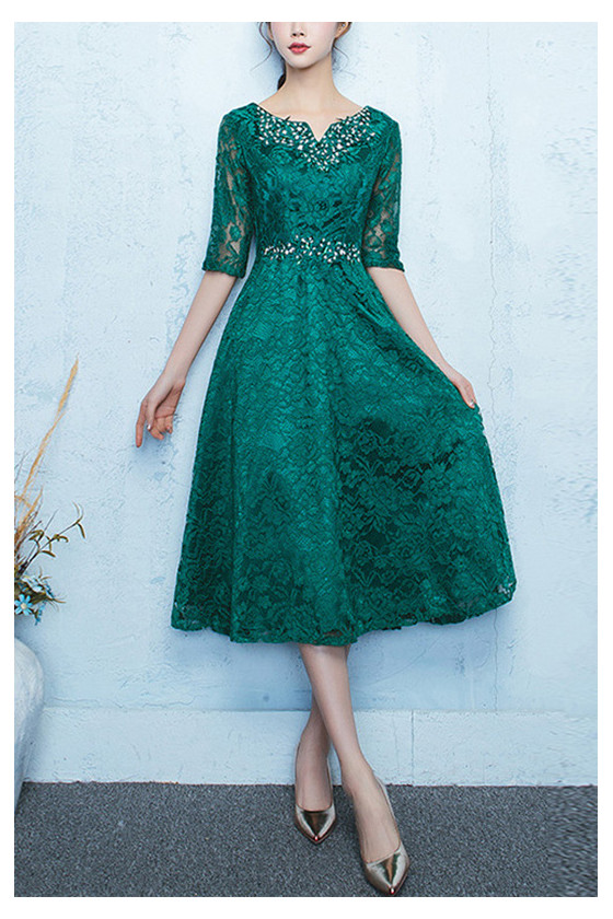 Elegant Dark Green Lace Tea Length Party Dress With Sleeves