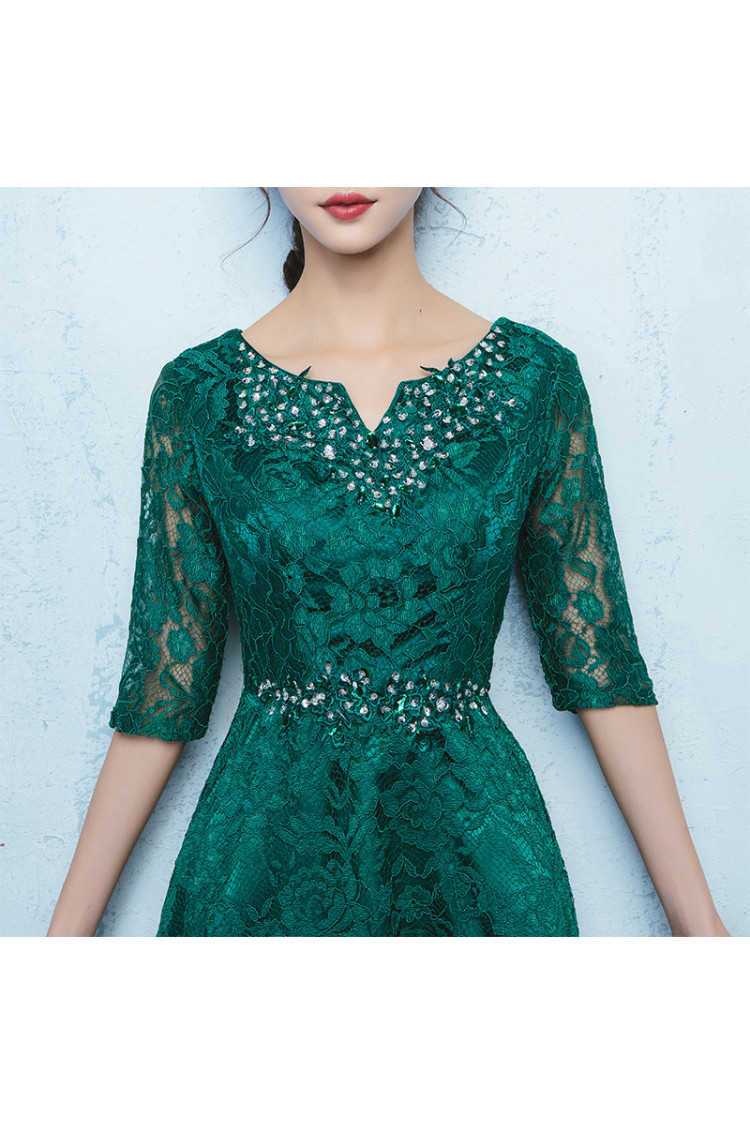 Elegant Dark Green Lace Tea Length Party Dress With Sleeves - $65.4768  #S1778 